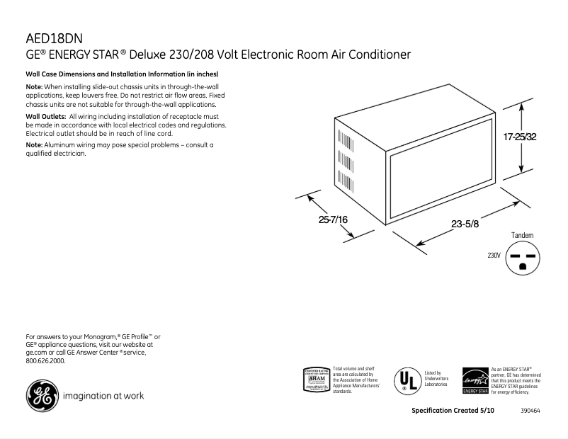 Page 1 of the manual Technical Sheet GE AED18DN