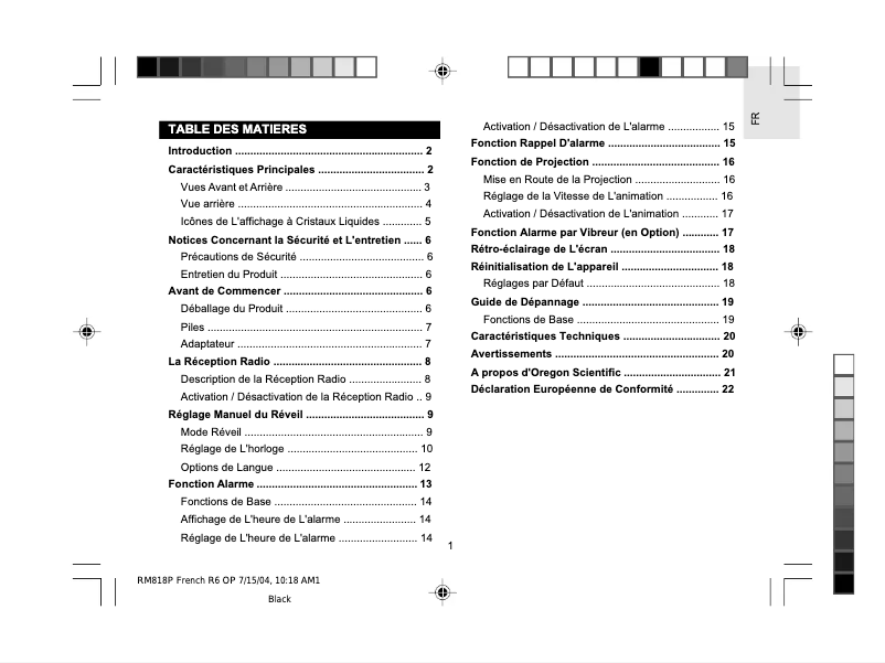 Page 1 de la notice Manuel utilisateur Oregon Scientific RM818P