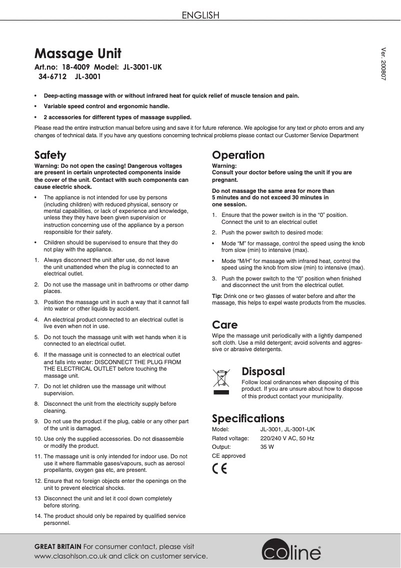Page n°1 - Manuel utilisateur Coline JL-3001
