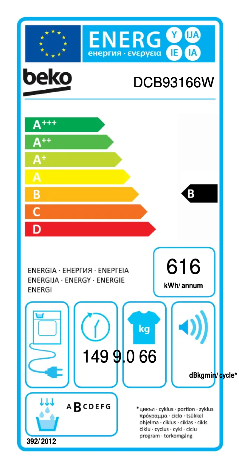 Page 1 de la notice Label énergétique Beko DCB93166W