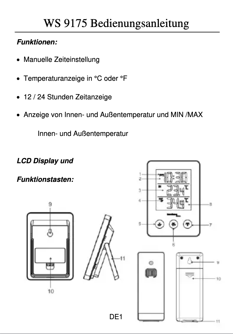 Page 1 de la notice Manuel utilisateur Techno Line WS 9175