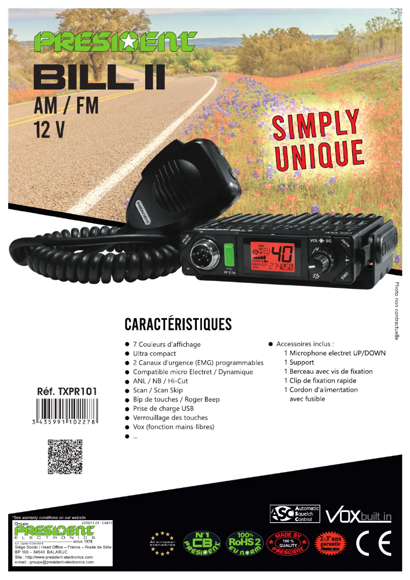 Page 1 de la notice Fiche technique President Bill II