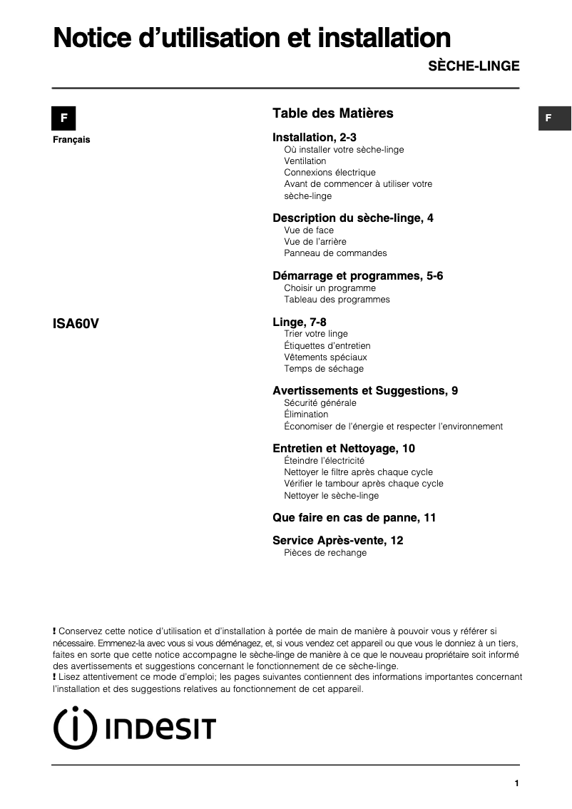 Imagen de la primera página del manual del dispositivo ISA60V (FR)