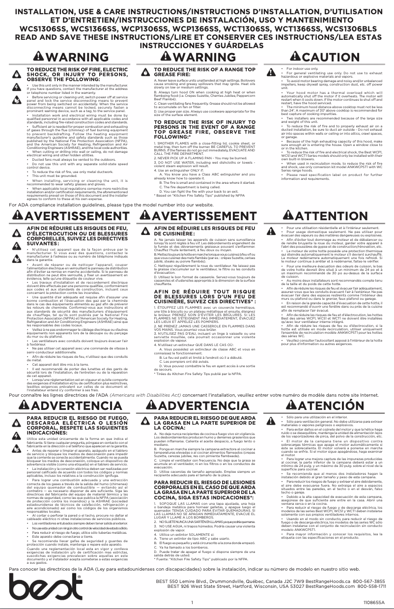 Page 1 de la notice Guide d'installation Best WCS1306BLS