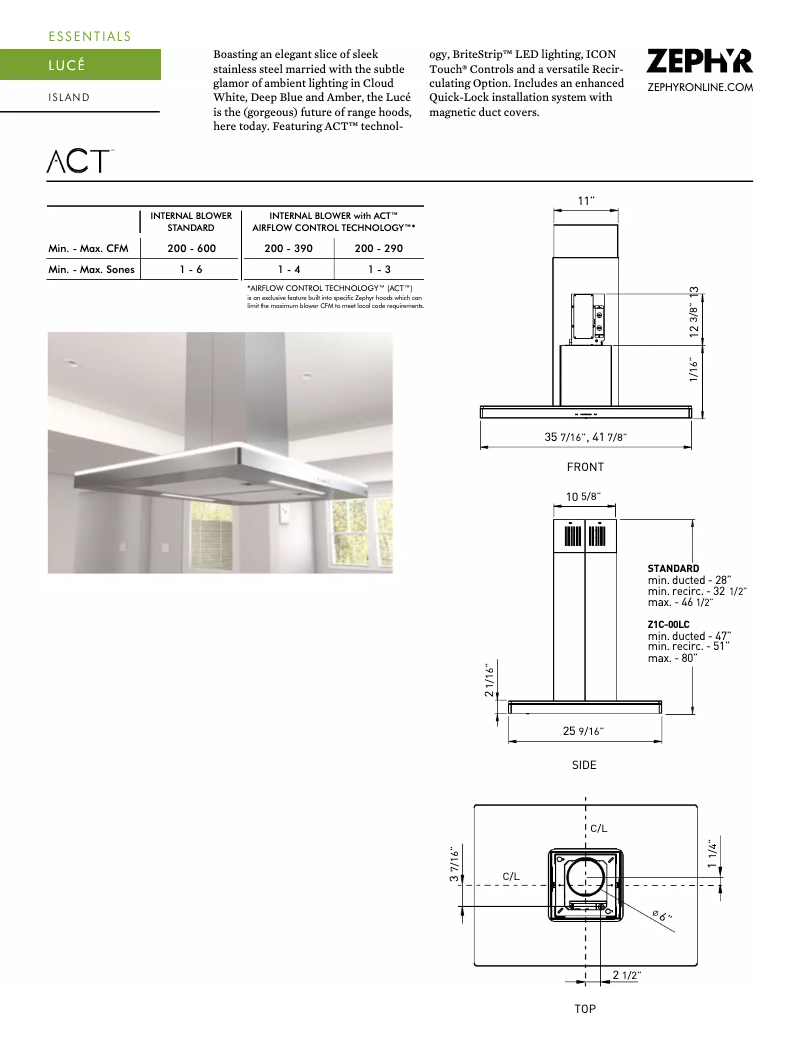 Page 1 of the manual Technical Sheet Zephyr Luce Island ZLC-E42BS