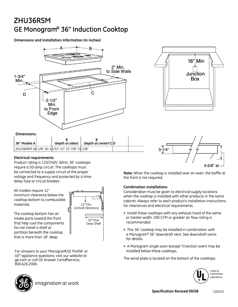Page 1 of the manual Technical Sheet GE ZHU36RSMSS