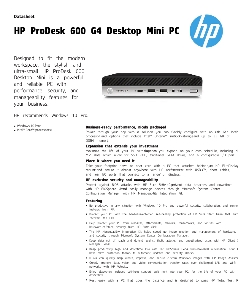 Página 1 del manual Ficha técnica HP ProDesk 600 G4