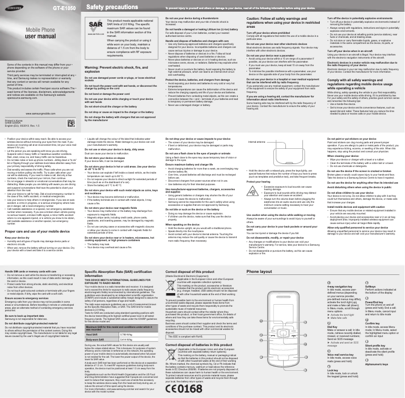 Page 1 de la notice Manuel utilisateur Samsung E1050