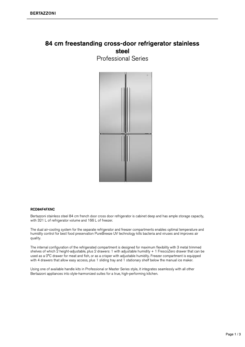 Page 1 de la notice Fiche technique Bertazzoni RCD84F4FXNC