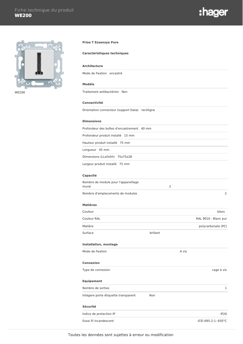 Page 1 de la notice Fiche technique Hager WE200