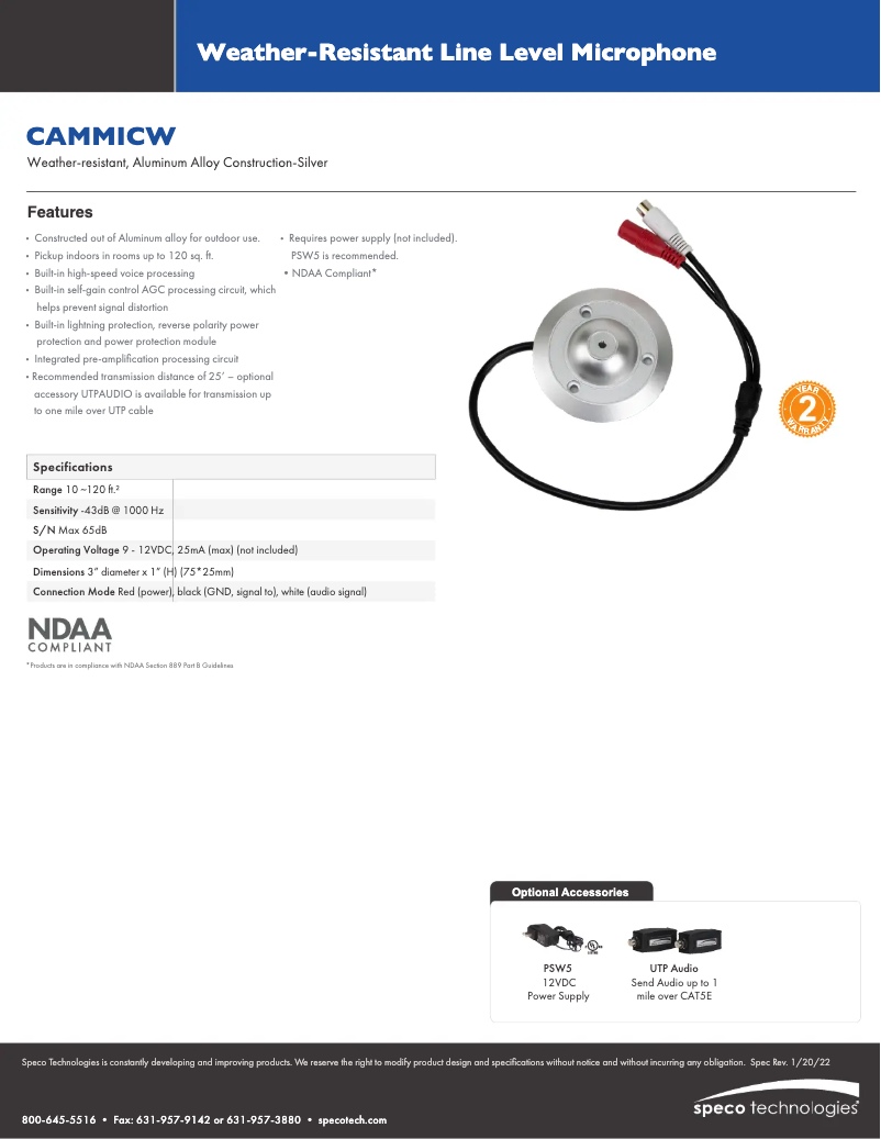 Page 1 de la notice Fiche technique Speco Technologies CAMMICW