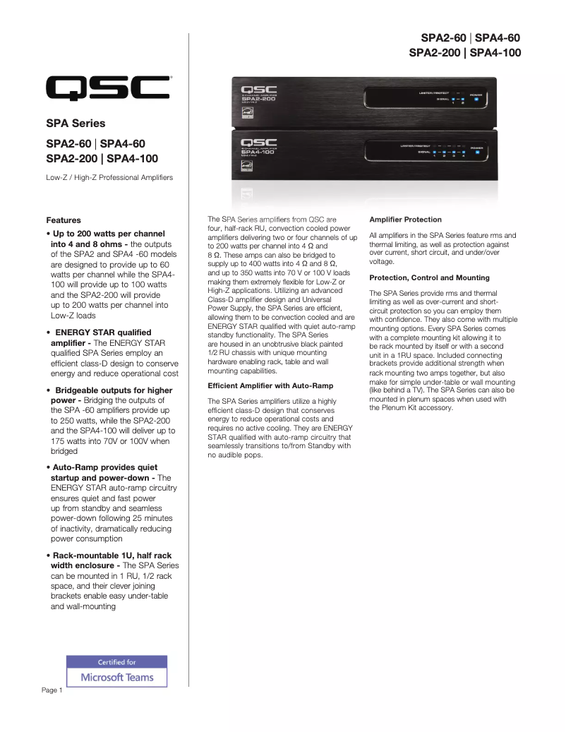 Page 1 de la notice Fiche technique QSC SPA2-60