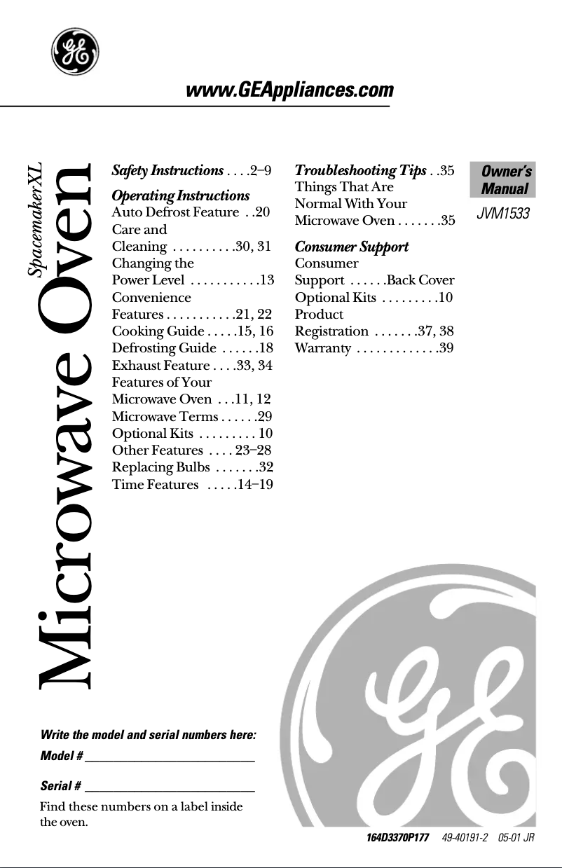 Page 1 de la notice Manuel d'utilisation et d'entretien GE JVM1533BD