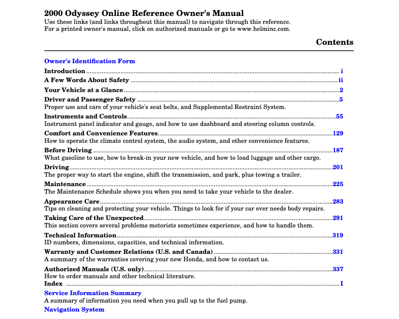 Página 1 del manual Manual de usuario Honda Odyssey (2000)