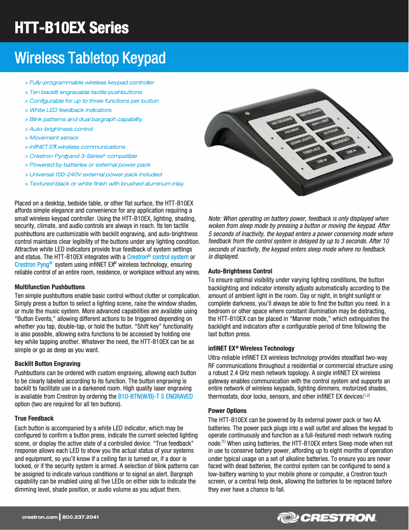 Page 1 de la notice Fiche technique Crestron HTT-B10EX