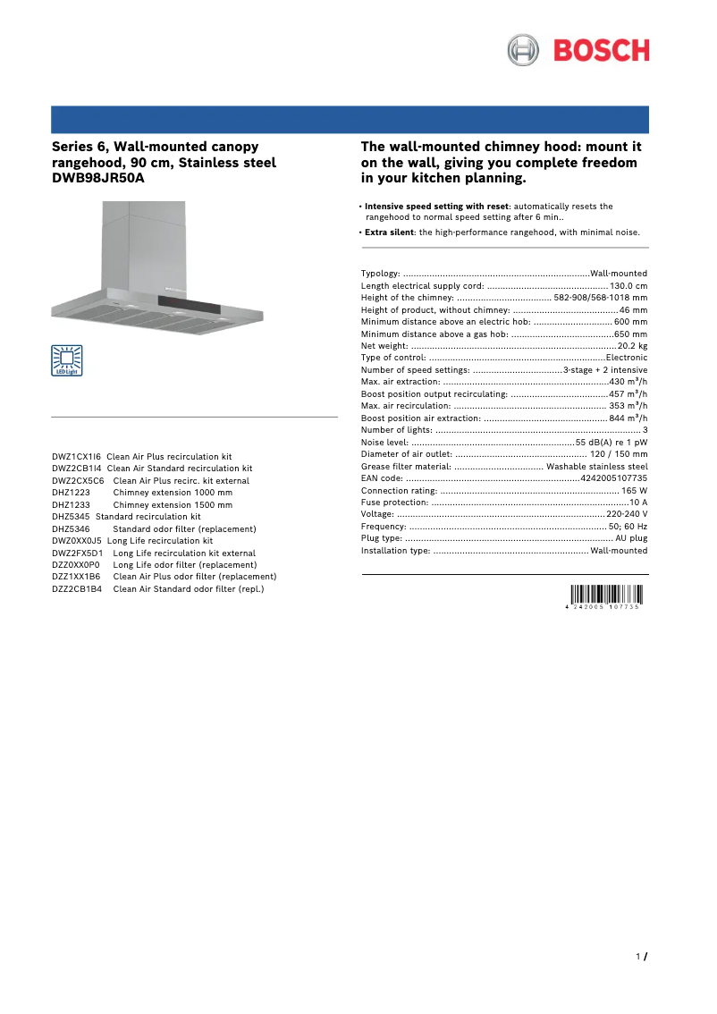 Page 1 de la notice Fiche technique Bosch DWB98JR50A