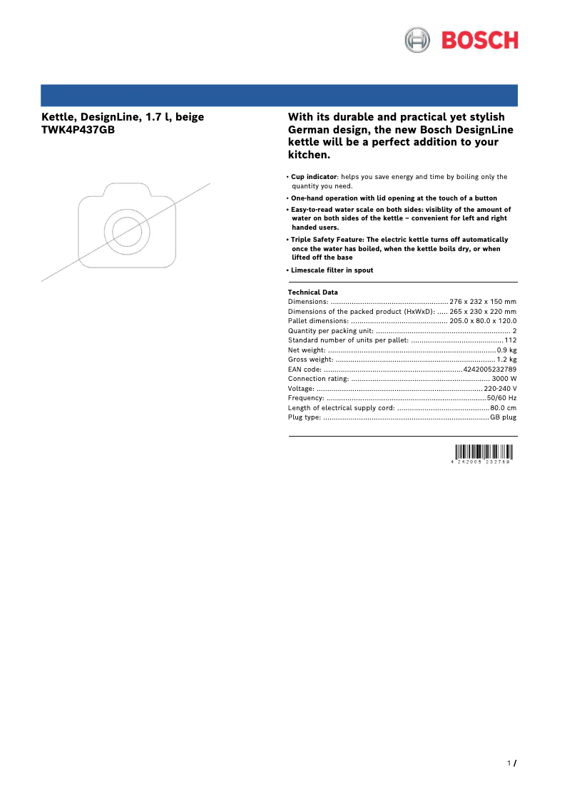 Página 1 del manual Ficha técnica Bosch DesignLine TWK4P437