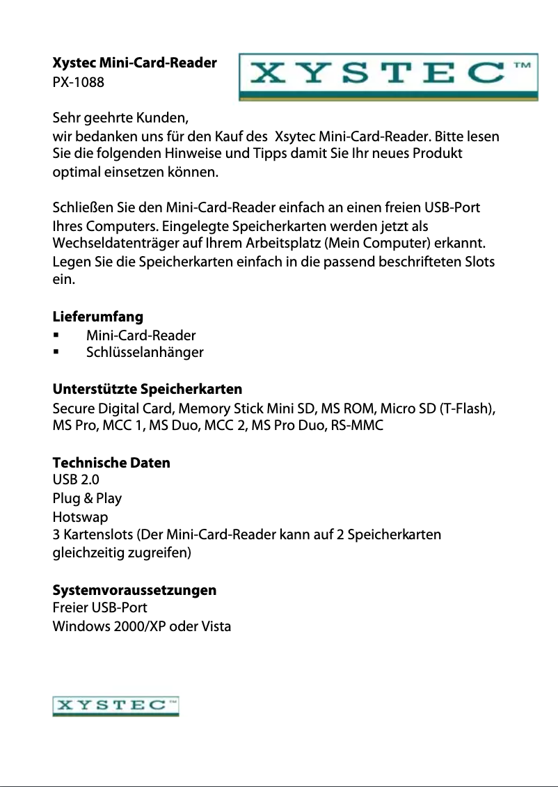 Page 1 de la notice Manuel utilisateur Xystec PX-1088-675