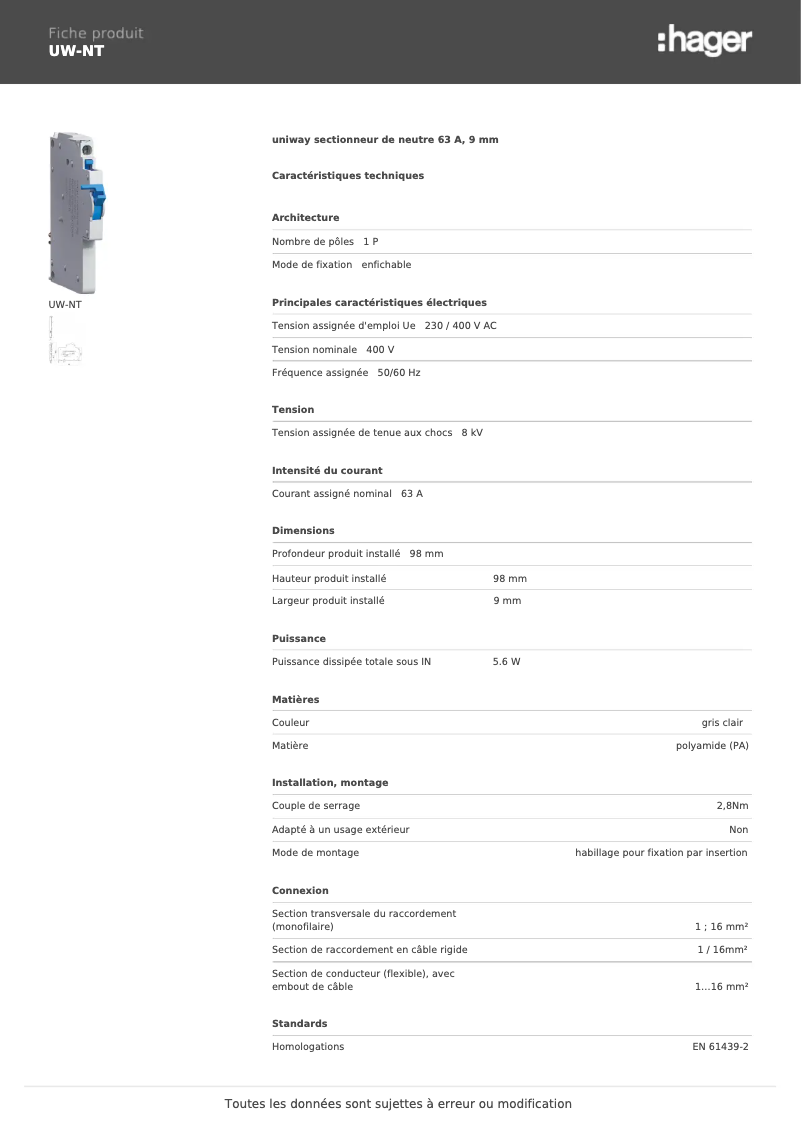Page 1 de la notice Fiche technique Hager UW-NT
