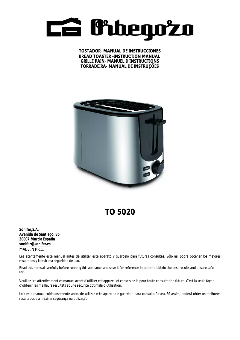 Page 1 de la notice Manuel utilisateur Orbegozo TO 5020