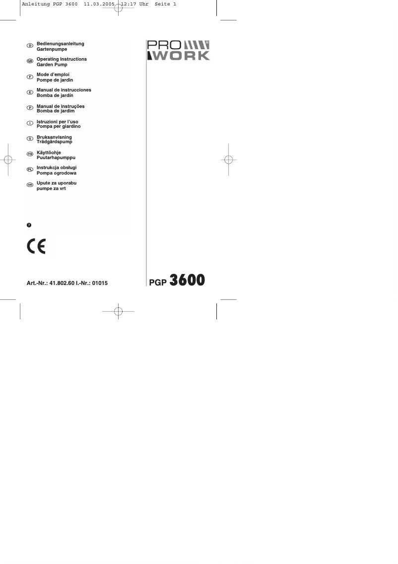 Page 1 de la notice Manuel utilisateur Prowork PGP 3600