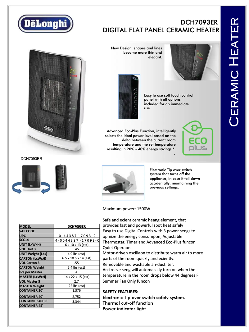 Page 1 de la notice Fiche technique DeLonghi DCH7093ER