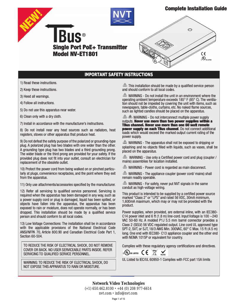 Page 1 de la notice Manuel utilisateur Phybridge NV-ET1801