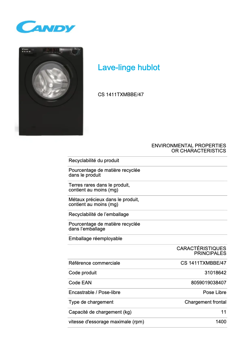 Page 1 de la notice Fiche technique Candy CS 1411TXMBBE/47