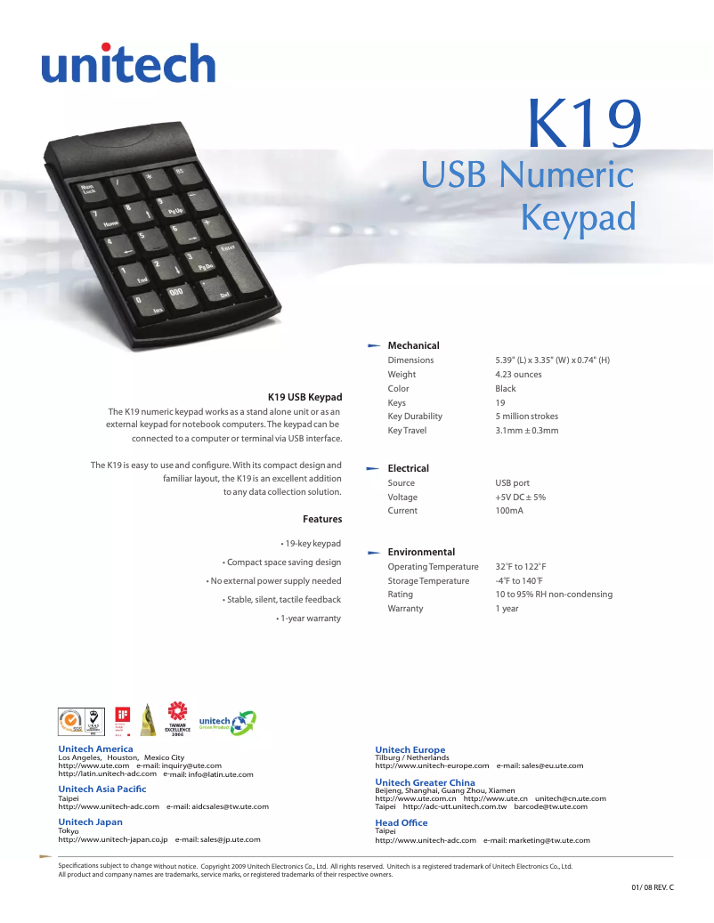 Page n°1 - Manuel utilisateur Unitech K19 USB Keypad