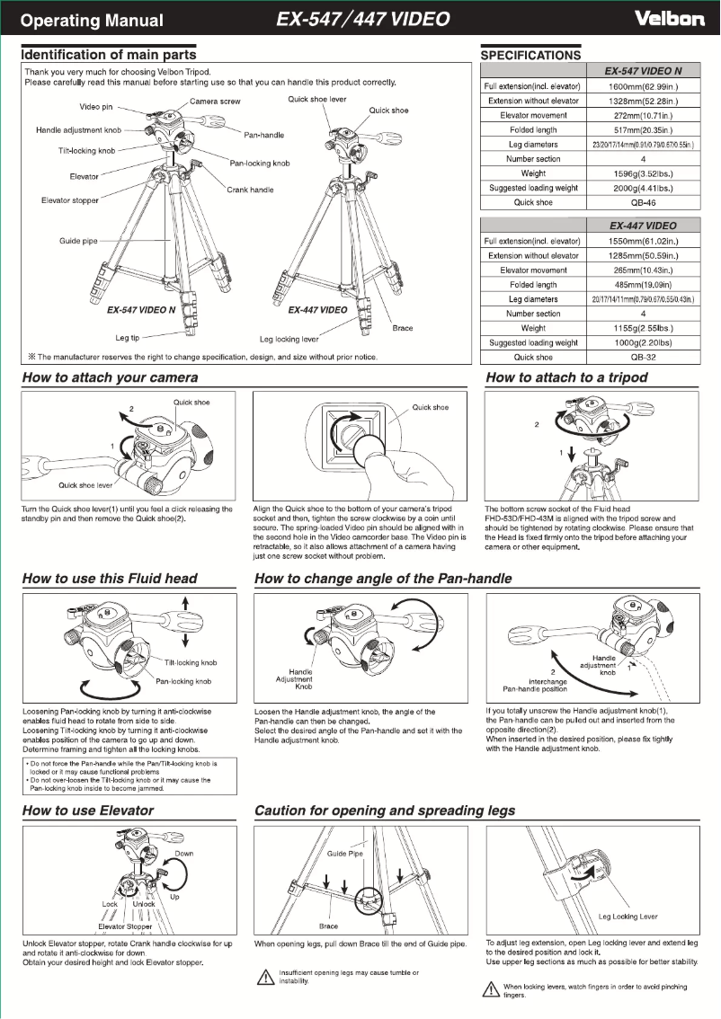 Page n°1 - Manuel utilisateur Velbon EX-447 Video