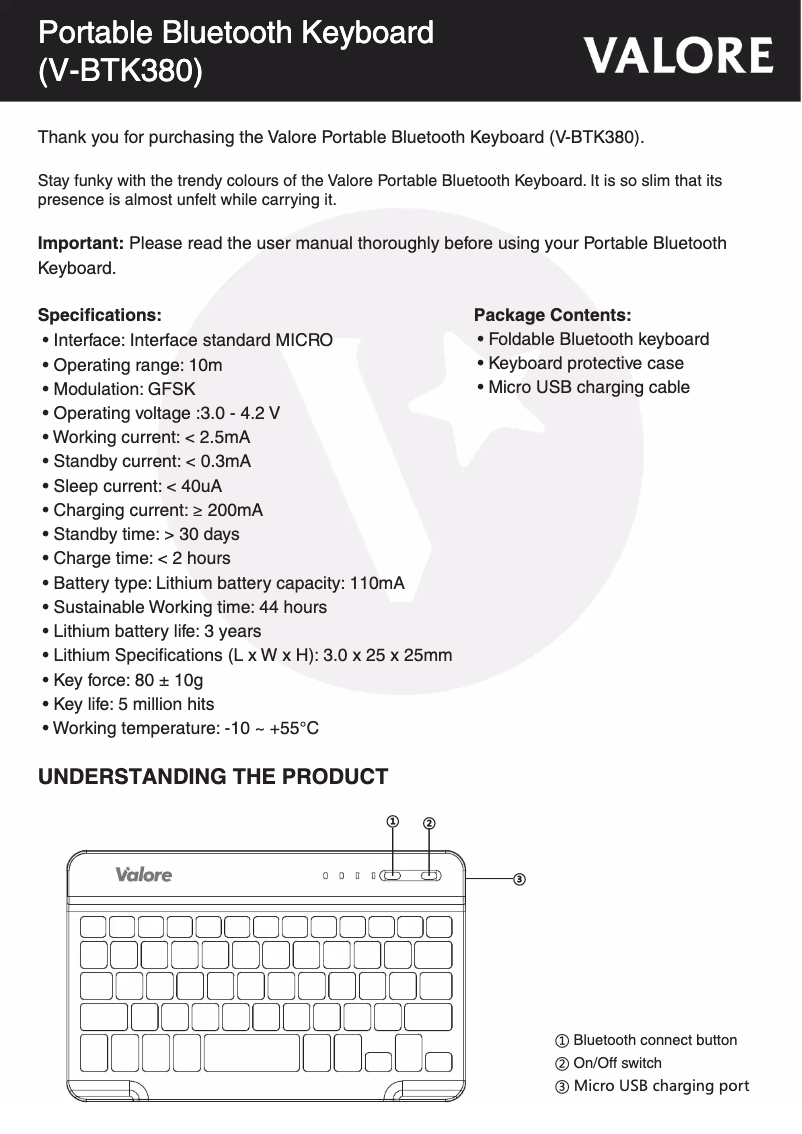 Page 1 de la notice Manuel utilisateur Valore V-BTK380