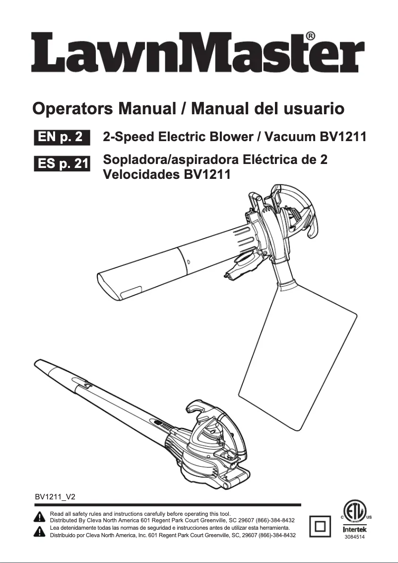 Page n°1 - Manuel utilisateur LawnMaster BV1211