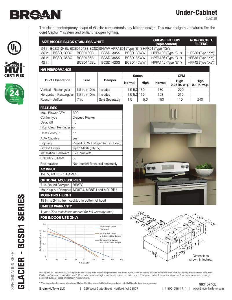 Page 1 de la notice Fiche technique Broan BCSD130WW