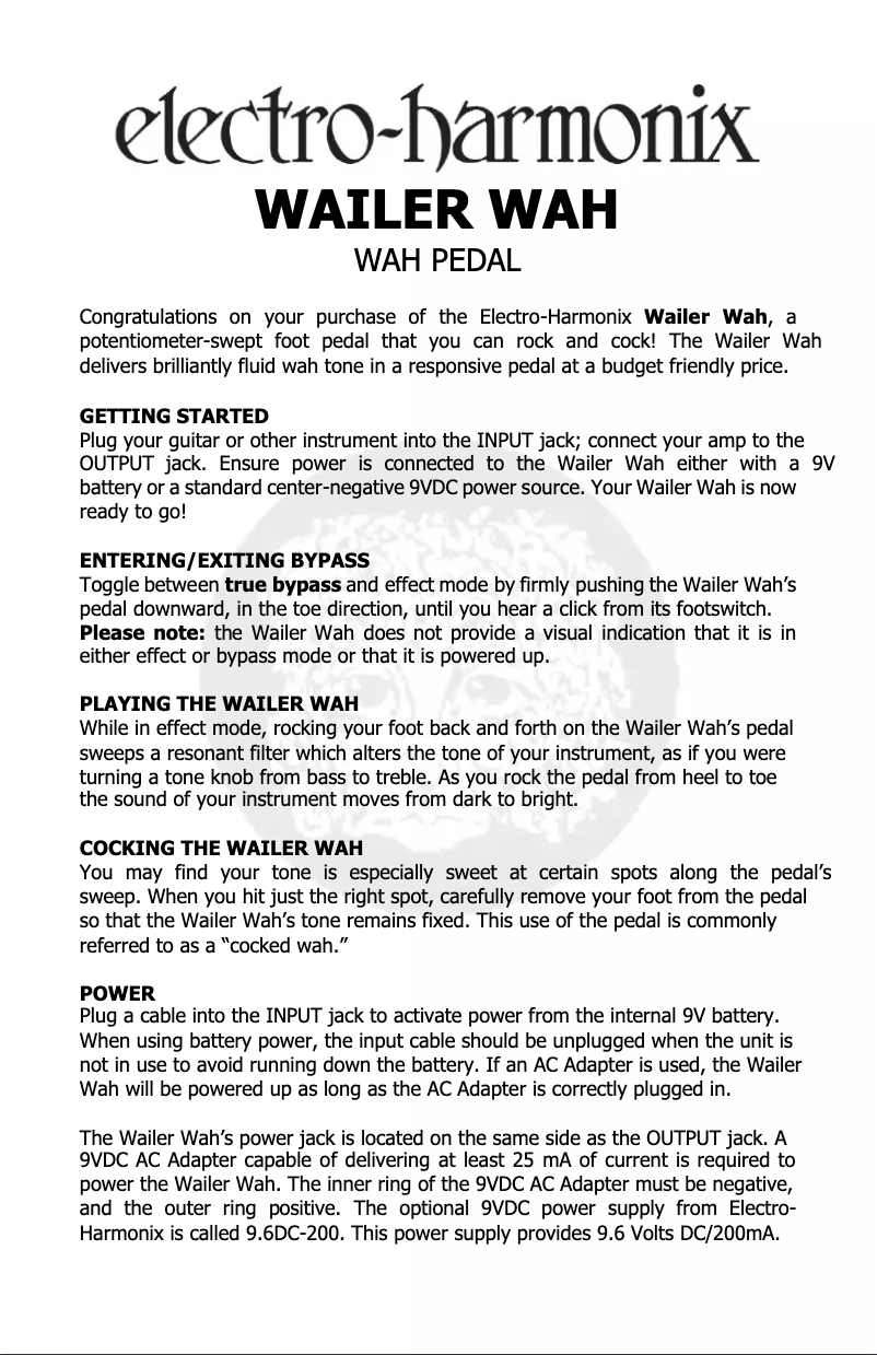 Page 1 de la notice Manuel utilisateur Electro Harmonix Wailer Wah