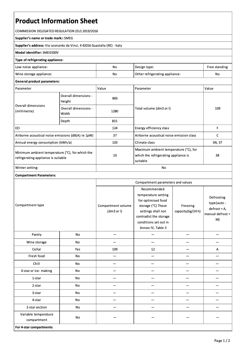 Page n°1 - Fiche technique Smeg SMEG500