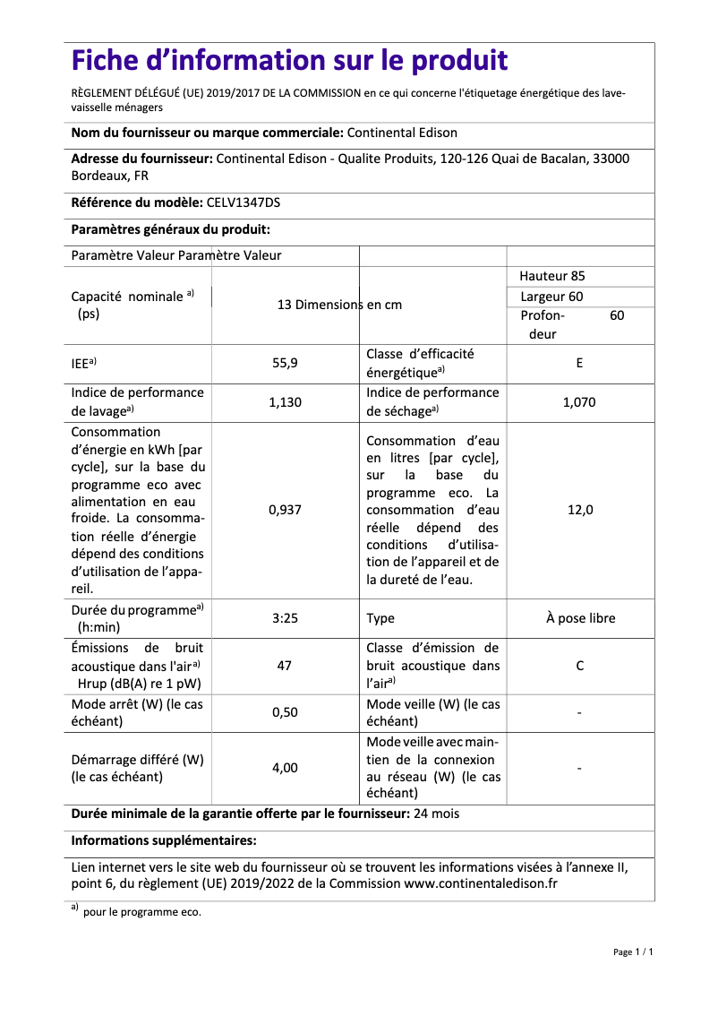 Page n°1 - Label énergétique Continental Edison CELV1347DW