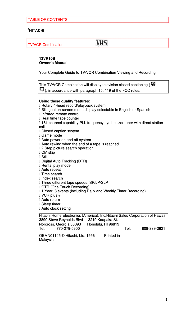 Page 1 de la notice Manuel utilisateur Hitachi 13VR10B