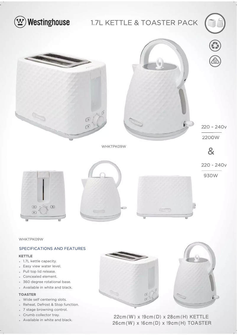 Page 1 de la notice Fiche technique Westinghouse WHKTPK09W