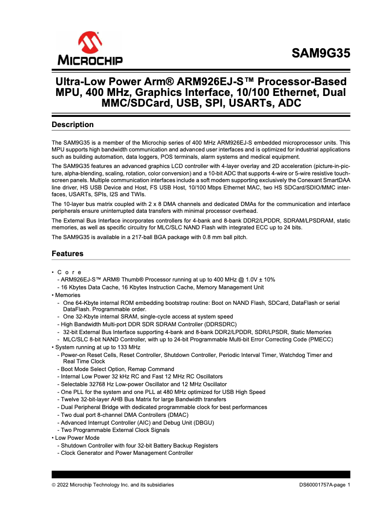 Page 1 de la notice Fiche technique Microchip AT91SAM9G35