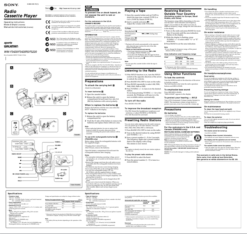 Page n°1 - Manuel utilisateur Sony Walkman WM-FS220