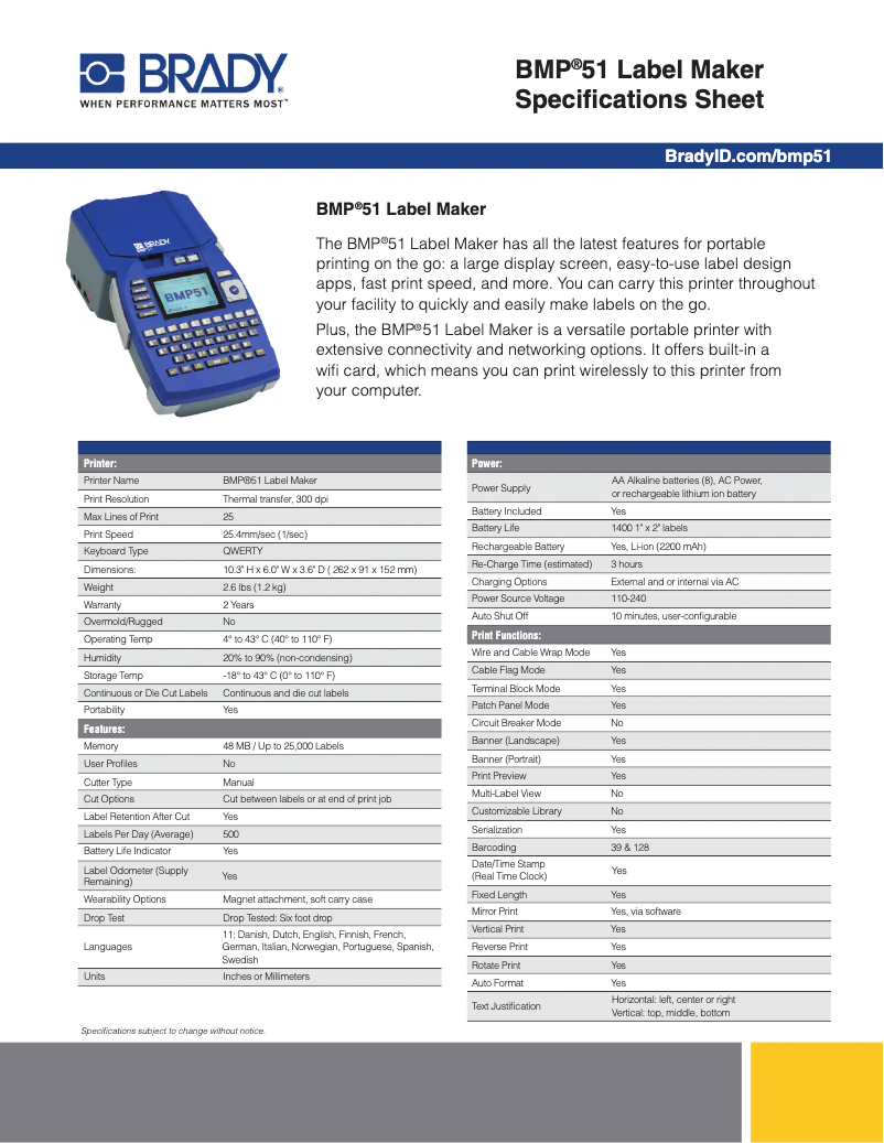 Page n°1 - Fiche technique Brady BMP51