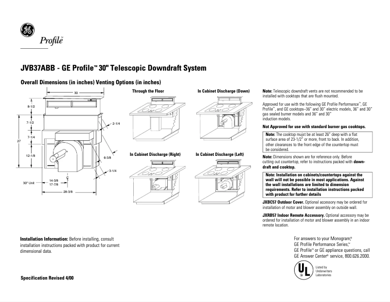 Page 1 de la notice Fiche technique GE Profile JVB37ABB