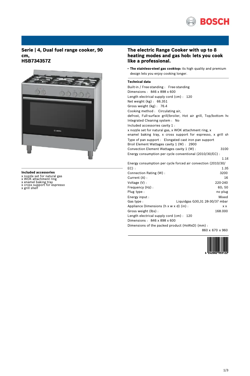 Page 1 of the manual Technical Sheet Bosch HSB734357Z
