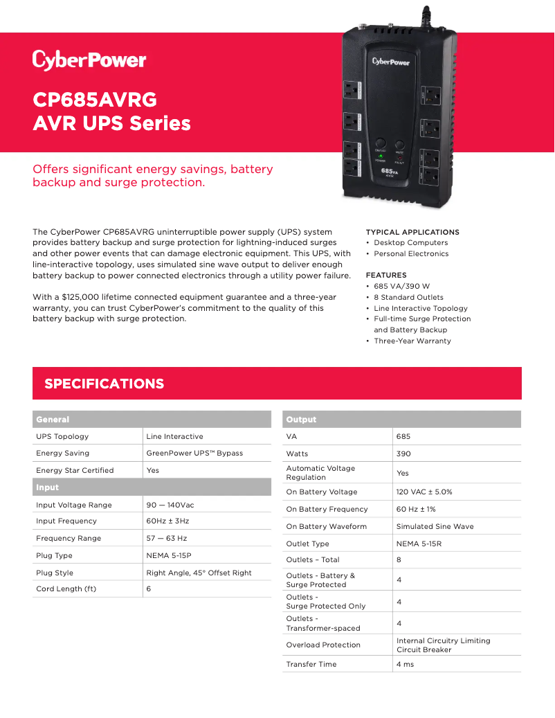 Page 1 de la notice Fiche technique CyberPower CP685AVRG