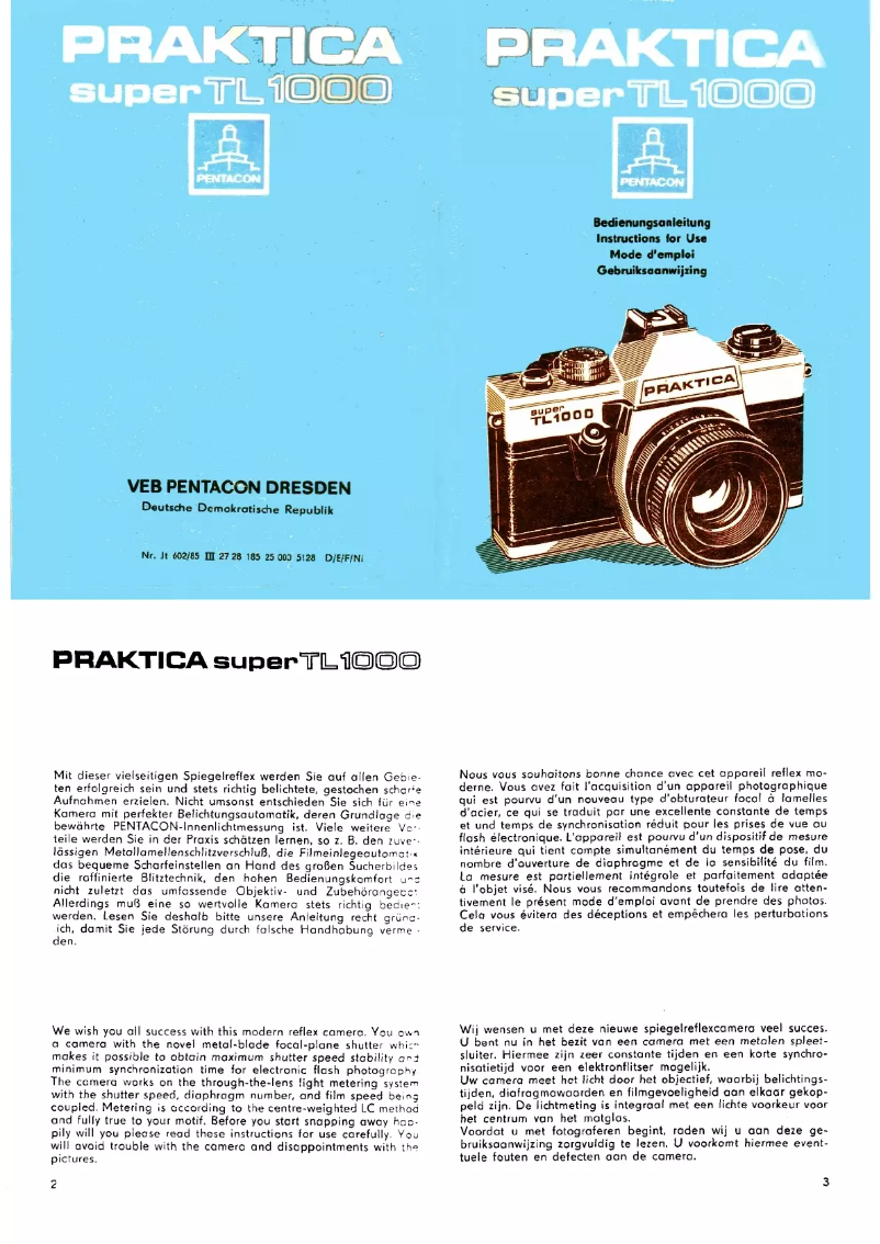 Page 1 de la notice Manuel utilisateur Pentacon Super TL1000