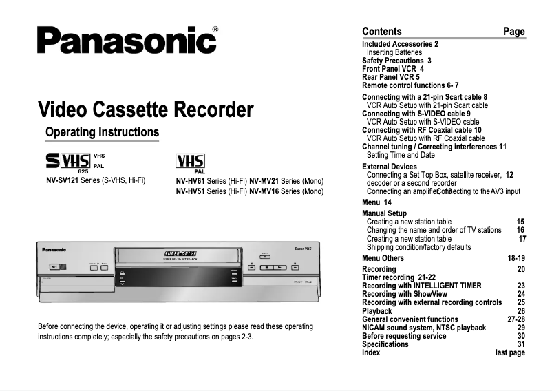 Page 1 de la notice Manuel utilisateur Panasonic NV-MV16