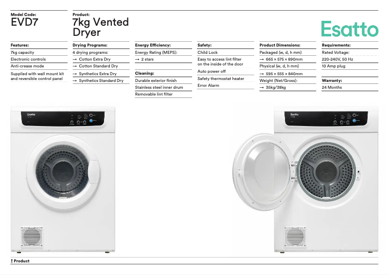 Page 1 de la notice Fiche technique Esatto EVD7