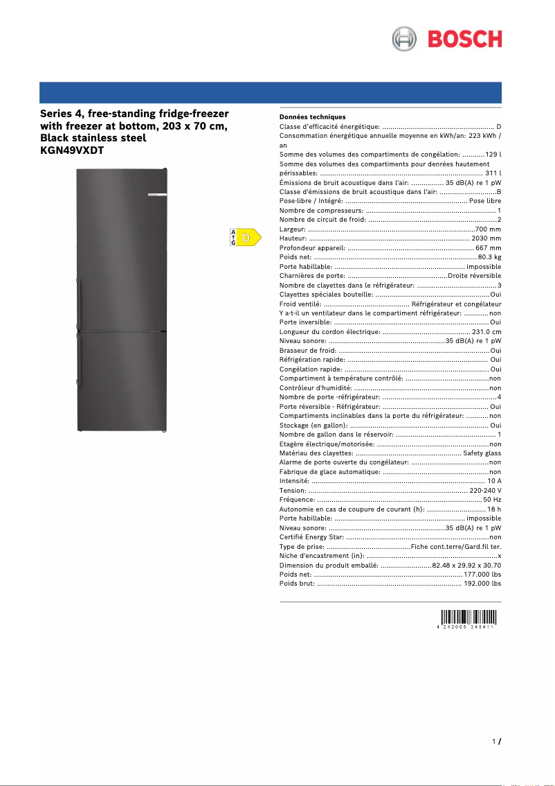 Page n°1 - Fiche technique Bosch KGN49VXDT