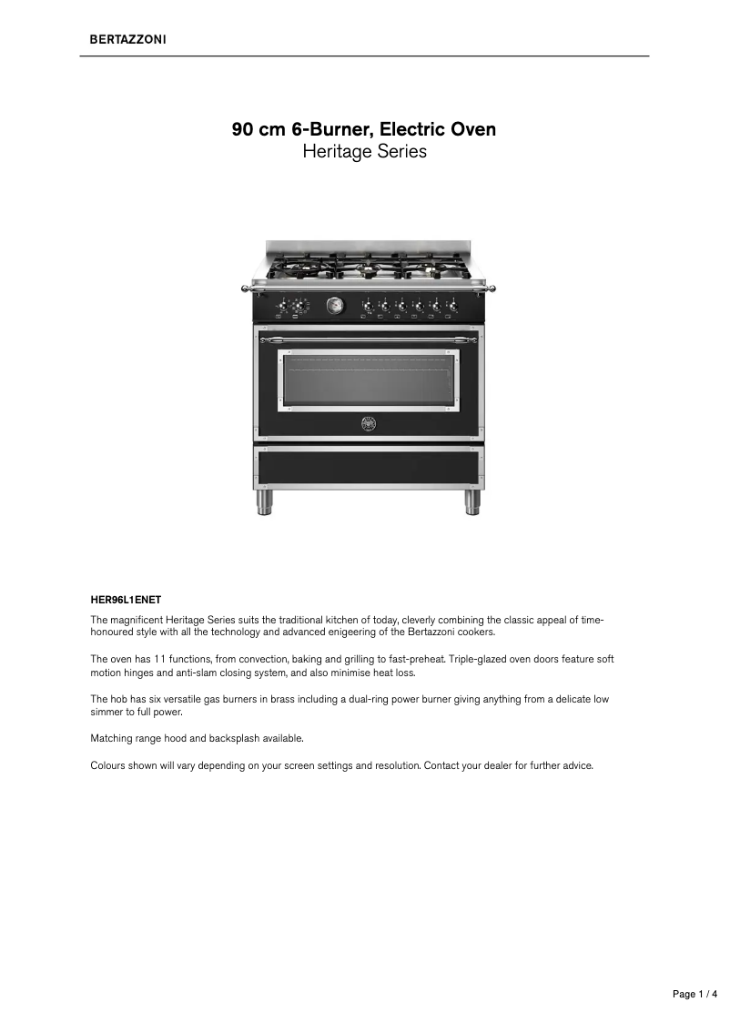 Page 1 de la notice Fiche technique Bertazzoni HER96L1ENET