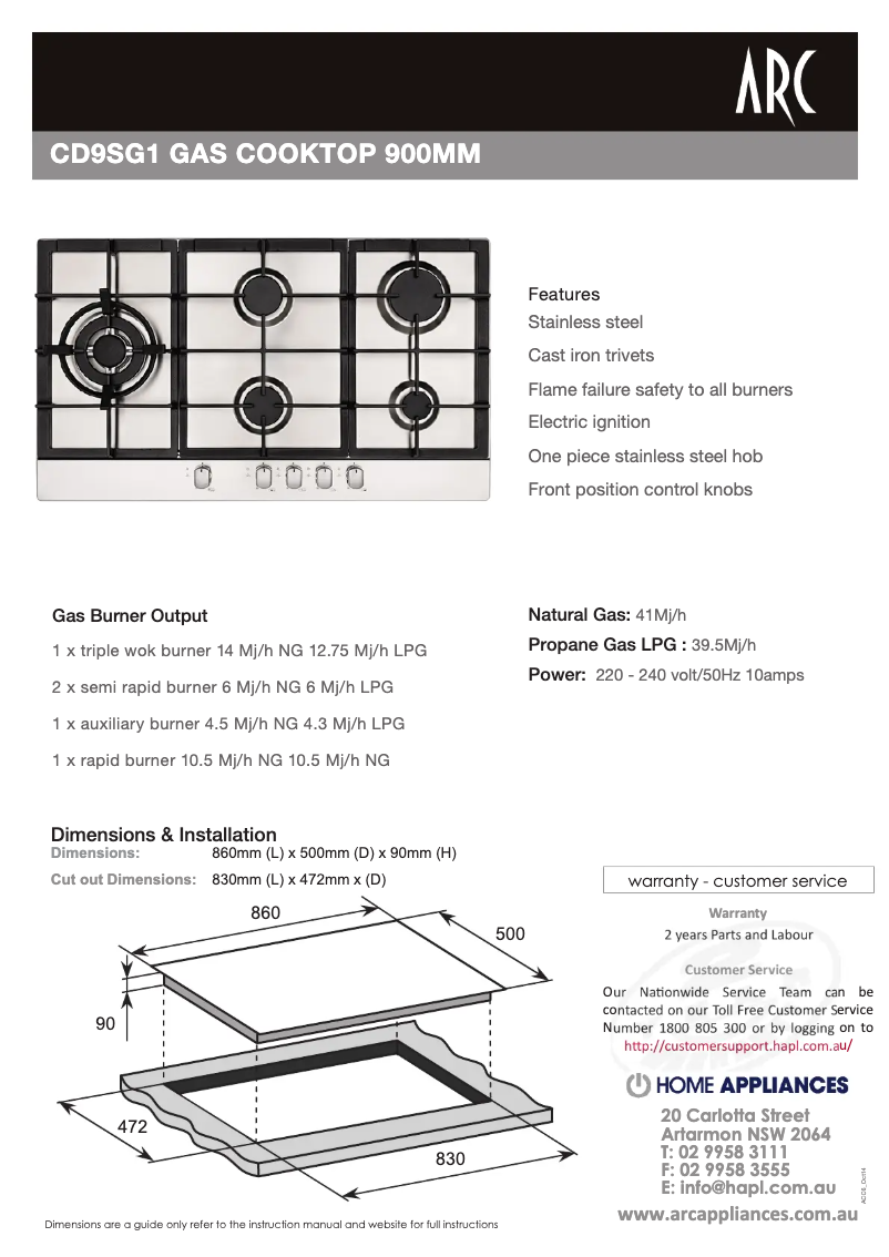 Page 1 de la notice Fiche technique ARC CD9SG1